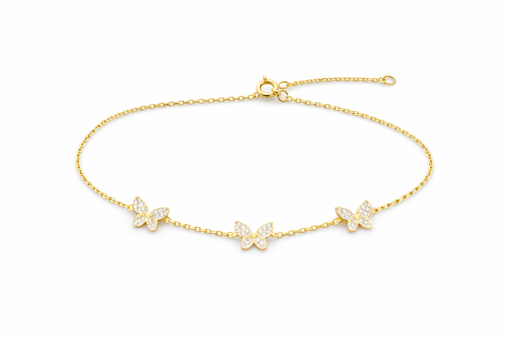 14K YELLOW GOLD NATURAL DIAMOND 1.13CT 3 BUTTERFLYS BRACELET 18" 6.32GRS – JY Jewelry Wholesale