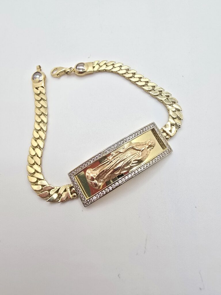 10K FLAT CURB LINK BRACELET WITH VIRGIN MARY – 7" 5.5MM – JY Jewelry Wholesale