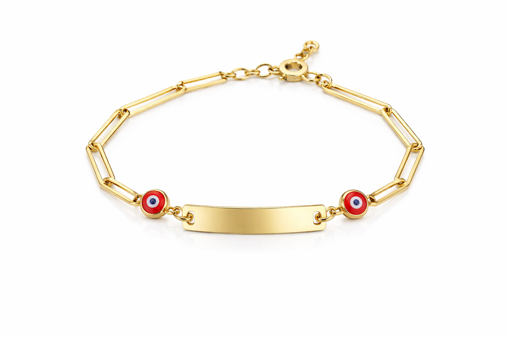 10K BABY ID BRACELET PAPER CLIP STYLE WITH EVIL EYE – 5.5" 3MM – JY Jewelry Wholesale