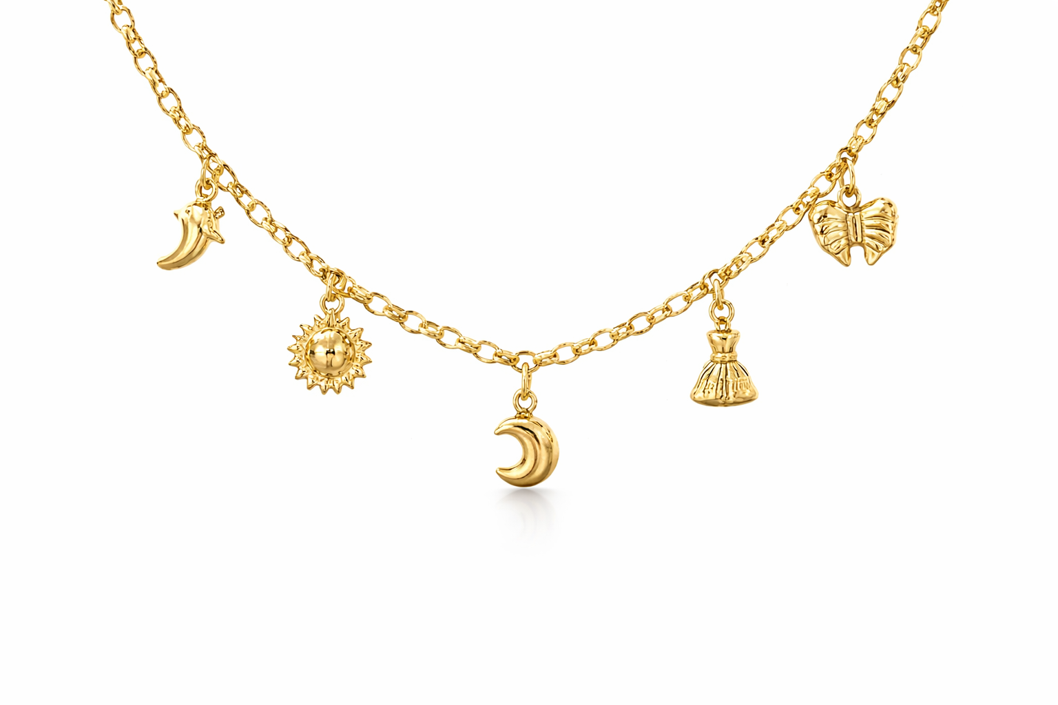 14K MOON-SUN-MONEY BAG-HEART-RIBBON PENDANTS BRACELET – 7" – JY Jewelry Wholesale