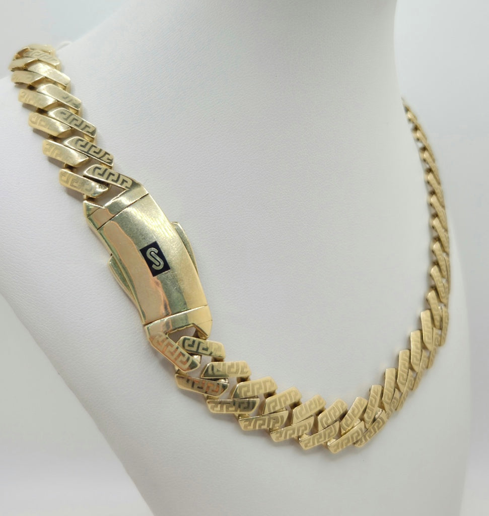 10K CERTIFIED PLAIN MONACO EDGE CHAIN GREEK DETAIL – 24" 9.5MM – JY Jewelry Wholesale