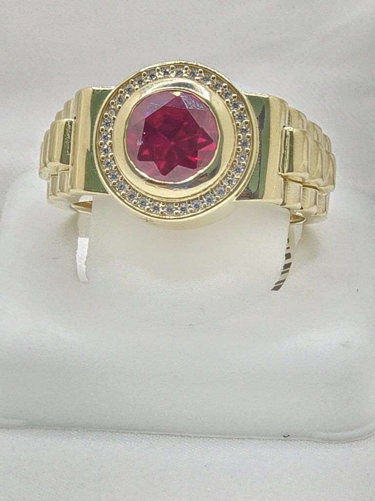 14K CIRCULAR RING WITH RED STONE AND CZ DETAILS – 12 – JY Jewelry Wholesale