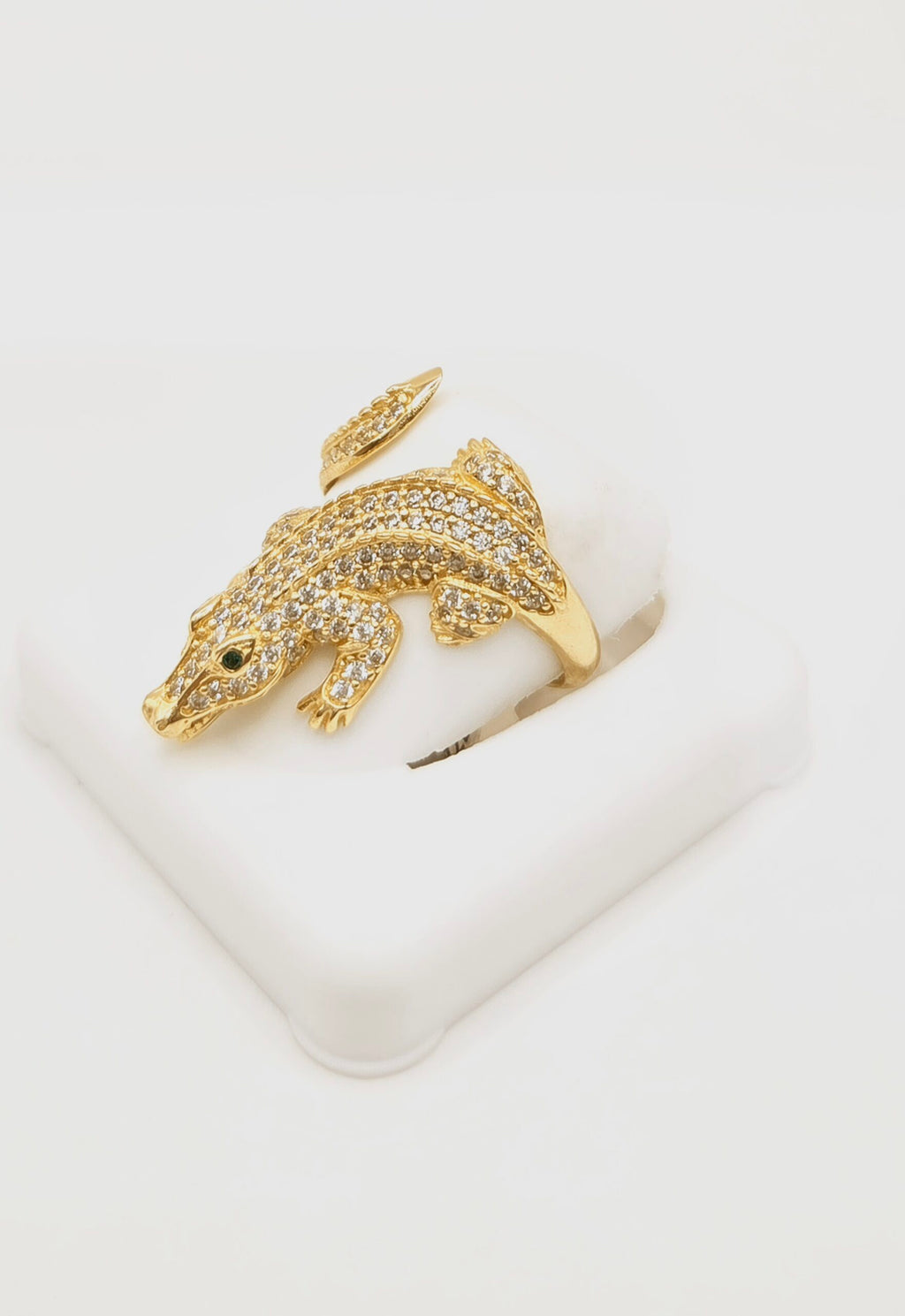 14K EXOTIC CROCODILE RING FILLED WITH CZ AND GREEN EYES – 8 & 9 – JY Jewelry Wholesale