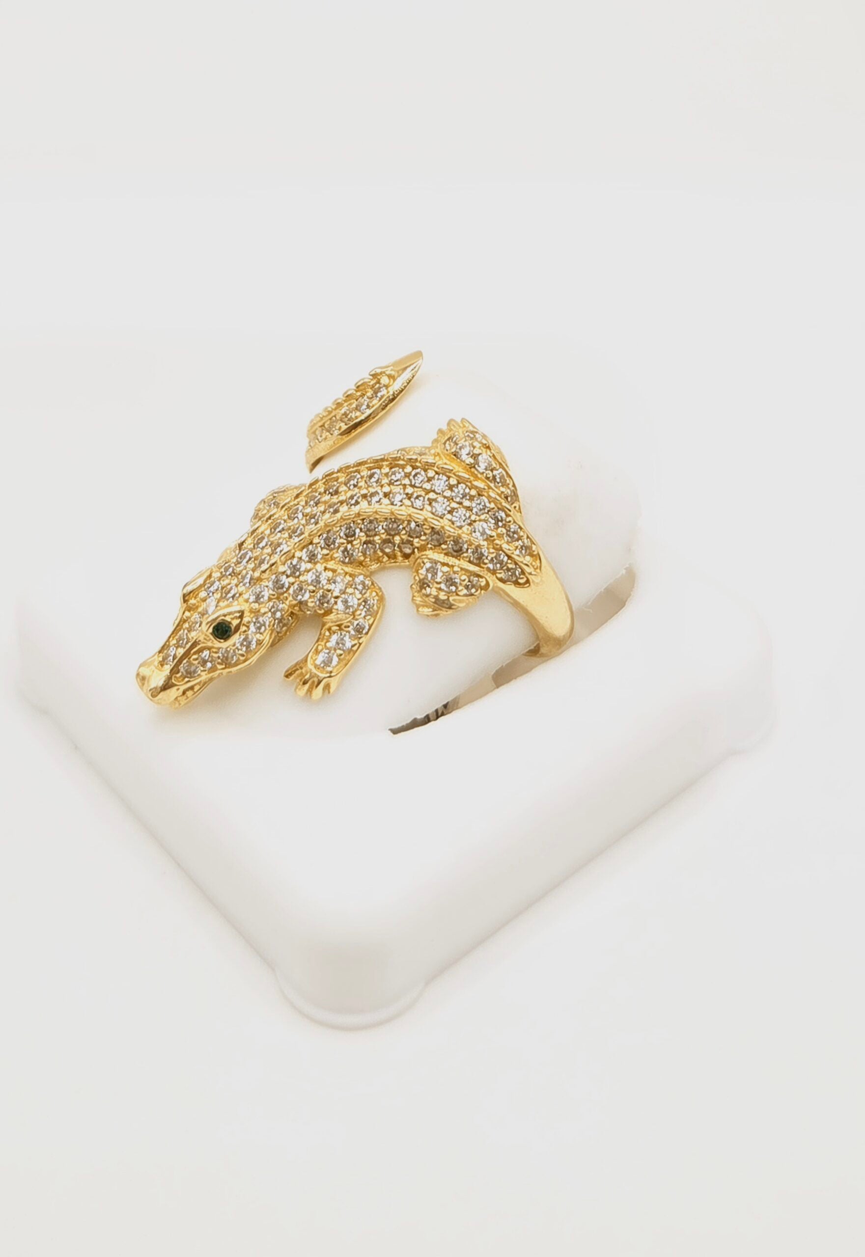 14K EXOTIC CROCODILE RING FILLED WITH CZ AND GREEN EYES – 8 & 9 – JY Jewelry Wholesale