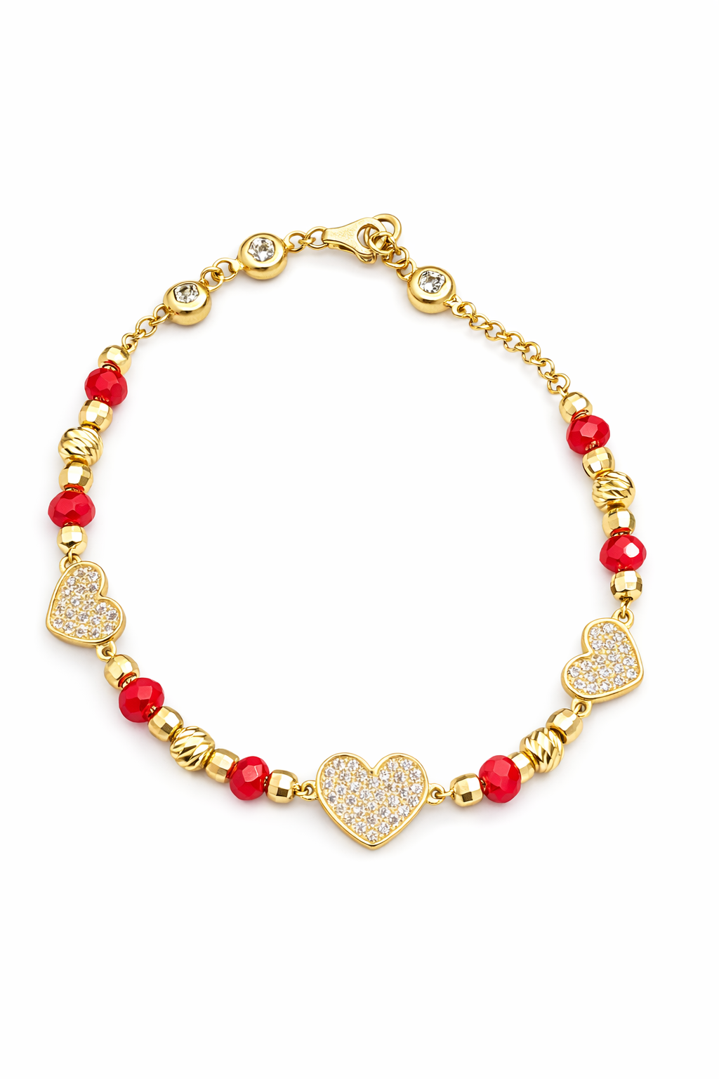 10K SMALL CZ HEARTS WITH RED STONES DETAIL BRACELET – 7" – JY Jewelry Wholesale