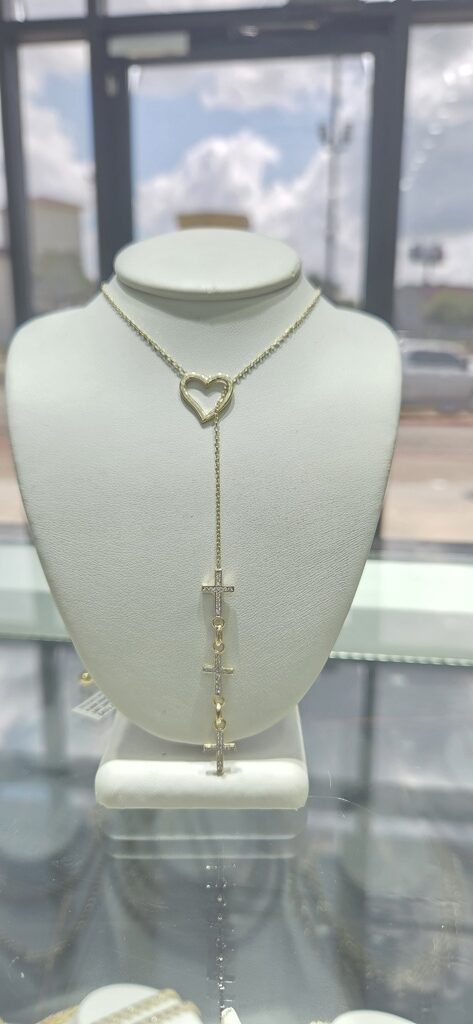 14K DELICATE HEART AND CROSS CZ DETAIL CHAIN – 24" – JY Jewelry Wholesale