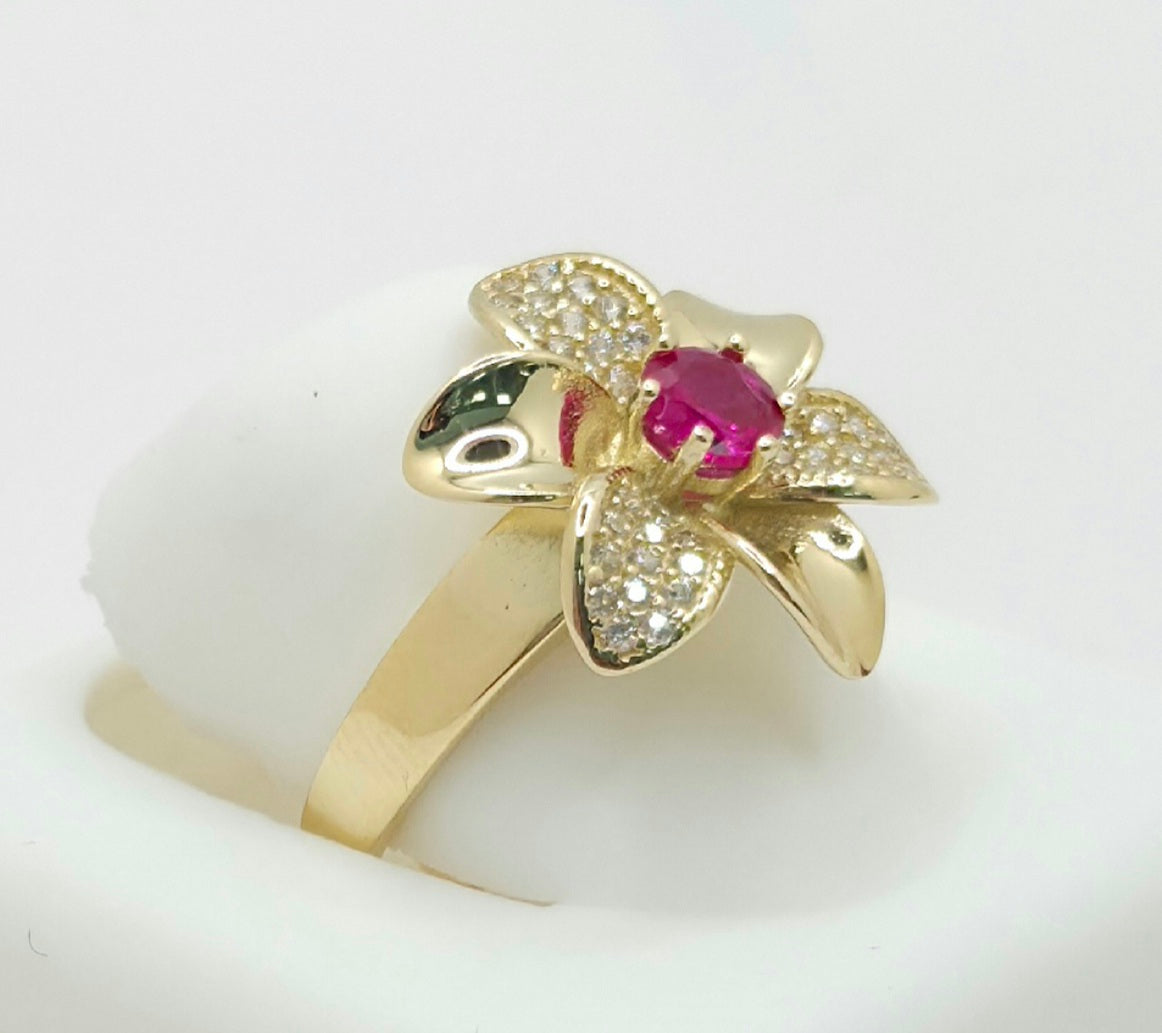 14K MODERN FLOWER PINK STONE CENTER RING – 7 – JY Jewelry Wholesale