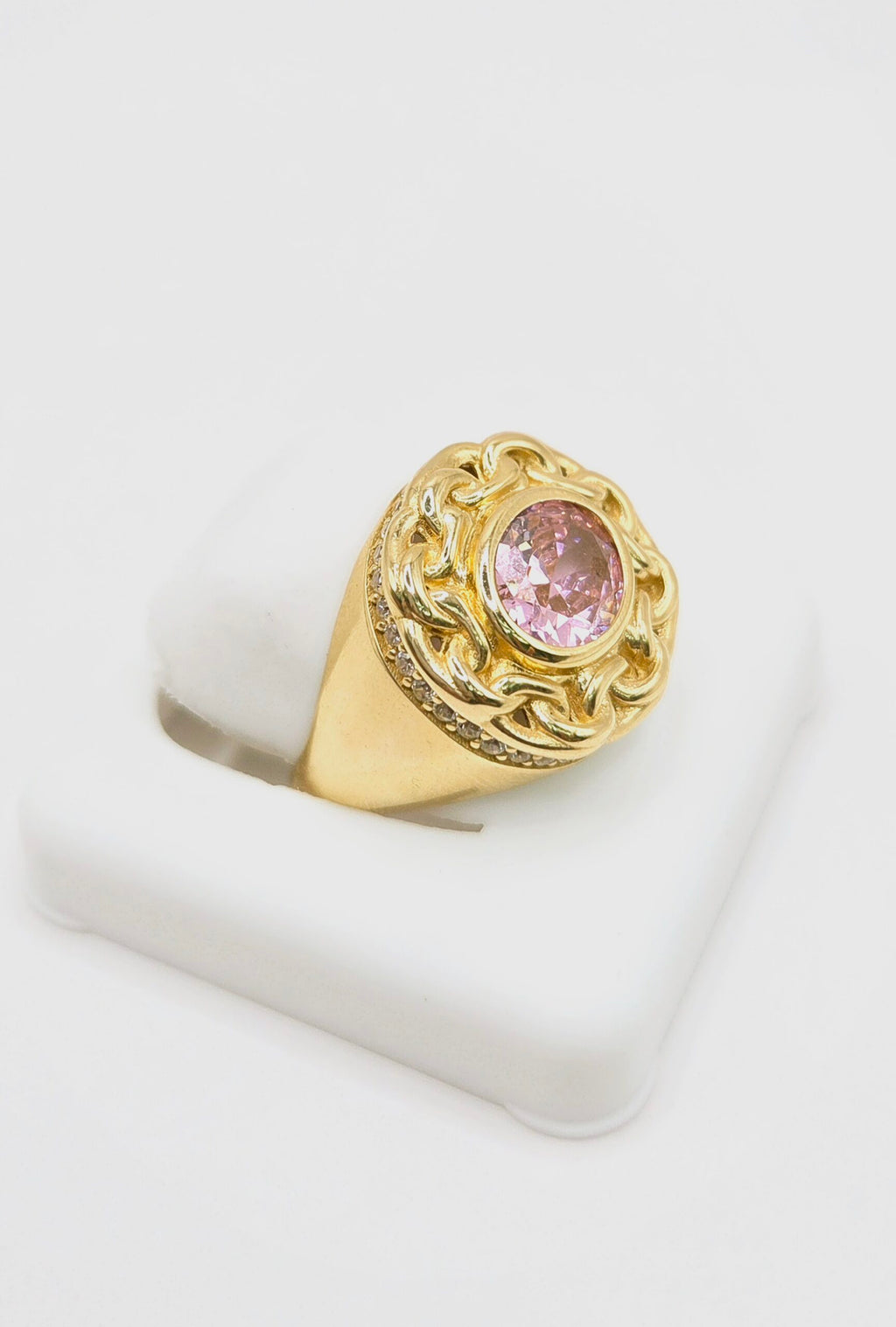 14K ELEGANT CHINO LINK FRAME PINK STONE RING – 8 – JY Jewelry Wholesale