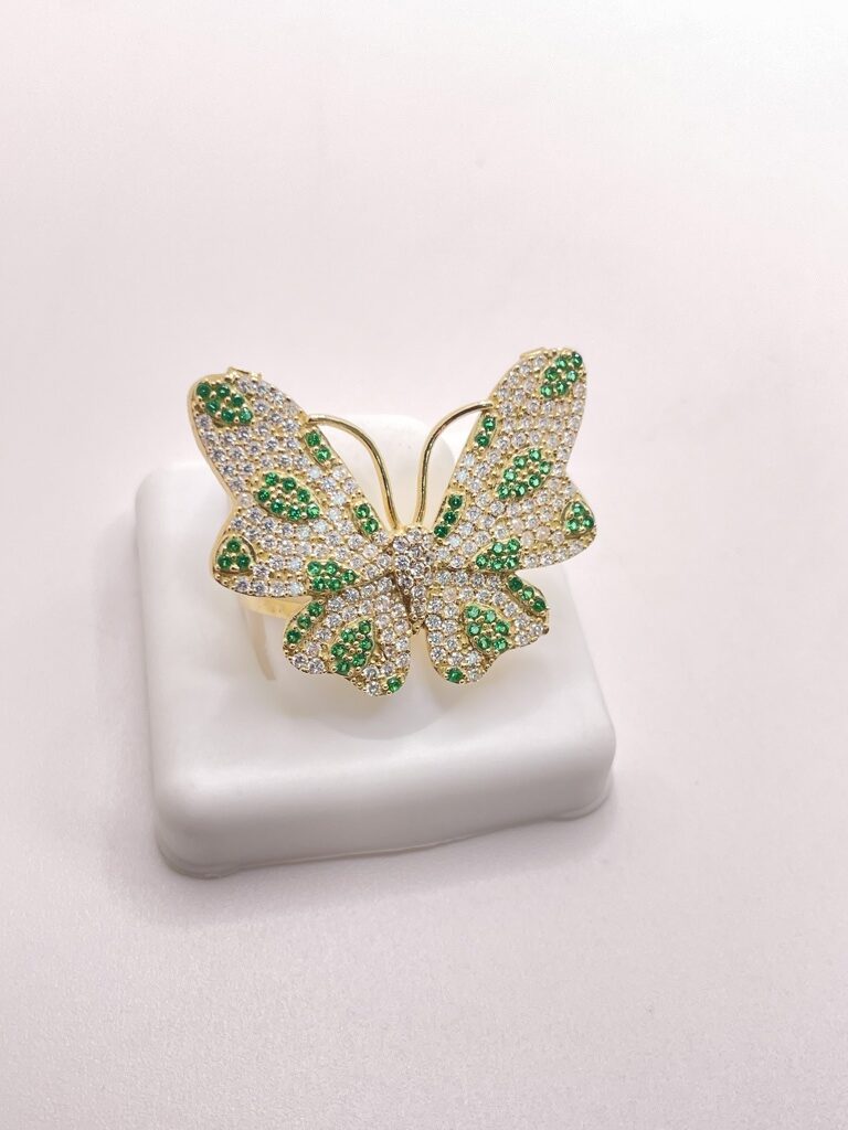 10K FANCY BIG BUTTERFLY WITH GREEN AND WHITE STONES RING – 7 – JY Jewelry Wholesale