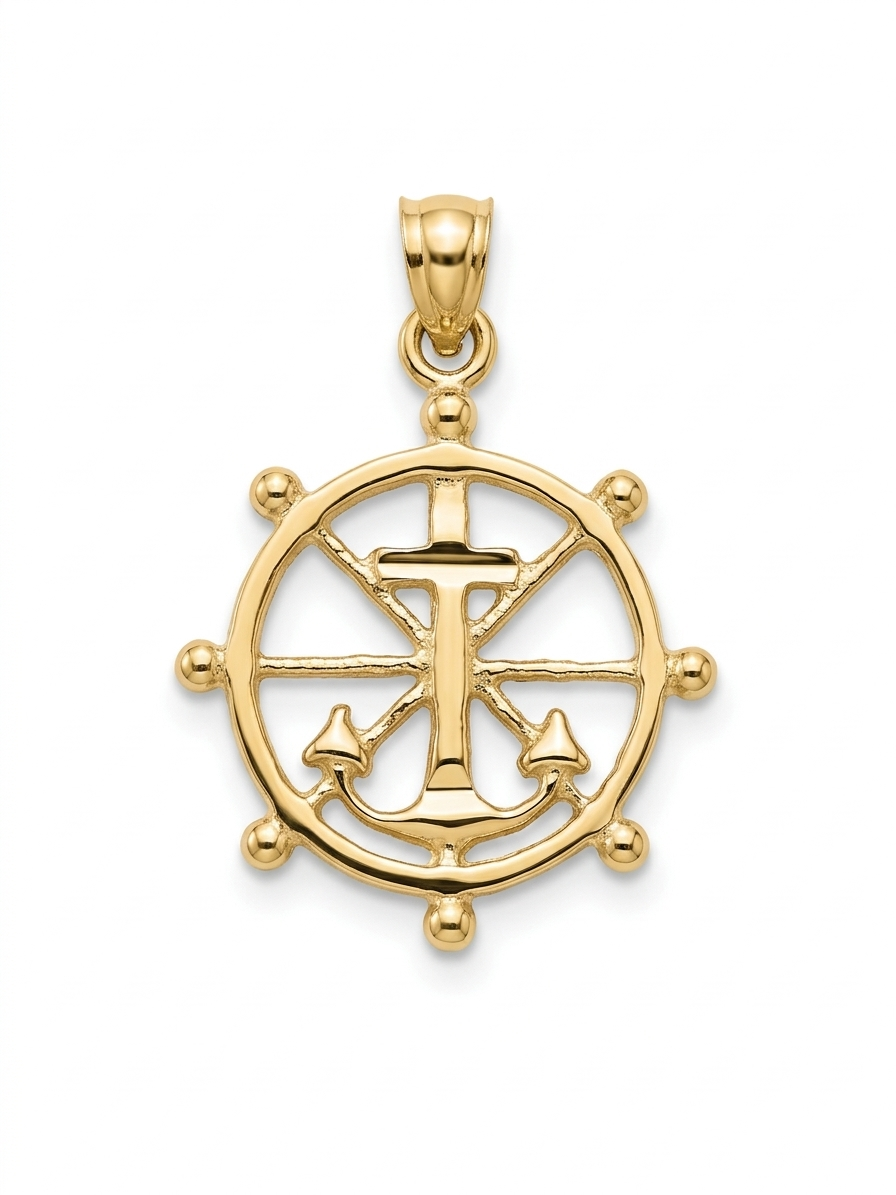 10K ANCHOR INSIDE SHIP'S WHEEL PENDANT – SMALL – JY Jewelry Wholesale