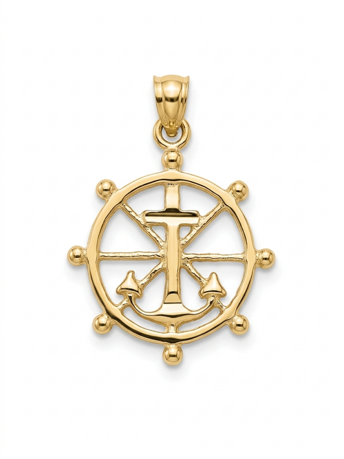 10K ANCHOR INSIDE SHIP'S WHEEL PENDANT – SMALL – JY Jewelry Wholesale