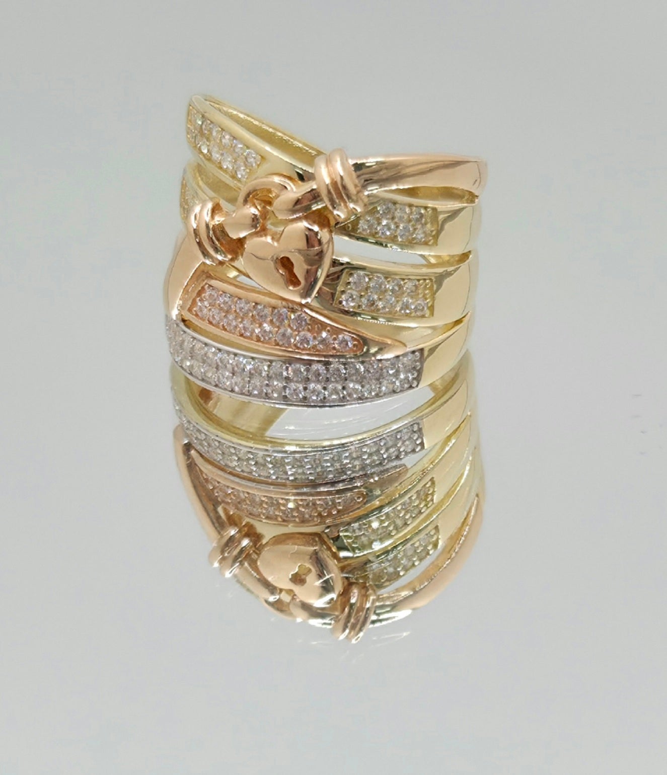 14K MODERN THREE TONE HEART BELT BUCKLE RING – 6.5 & 7 – JY Jewelry Wholesale