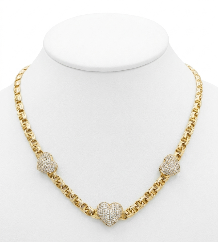 10K TRHEE MEDIUM CZ HEARTS CHINO LINK NECKLACE – 18" 5MM – JY Jewelry Wholesale