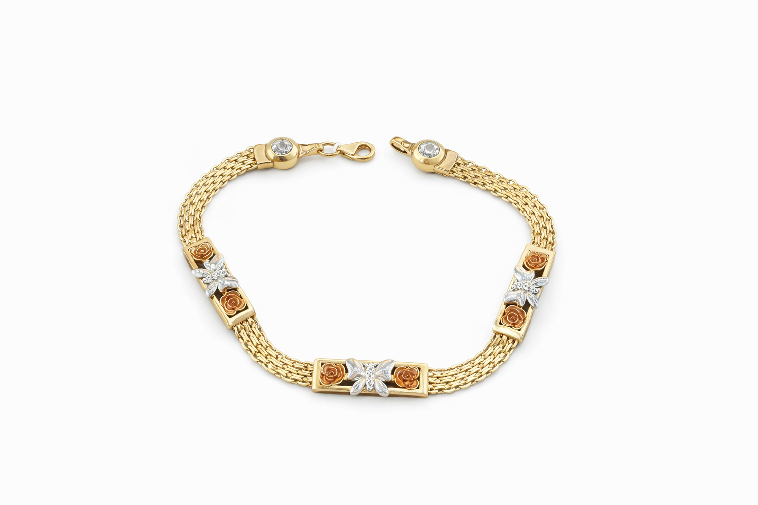 10K TWO TONE BUTTERFLY AND ROSES BISMARK BRACELET – 7" – JY Jewelry Wholesale