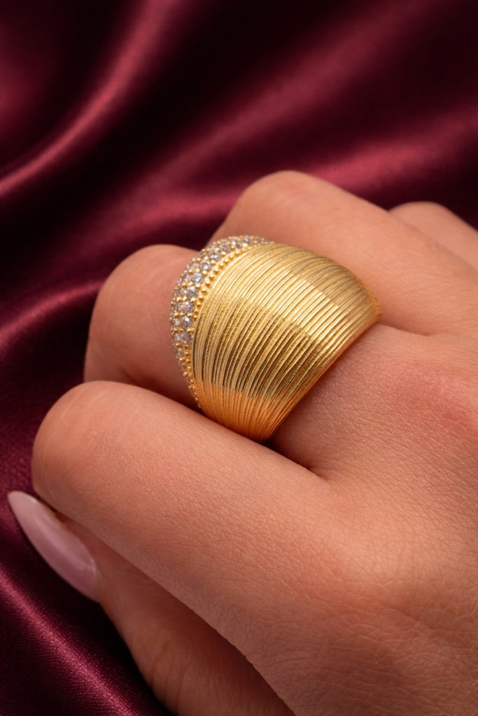 10K MODERN STRIATED RING WITH CZ ROW DETAIL – 7-8 – JY Jewelry Wholesale