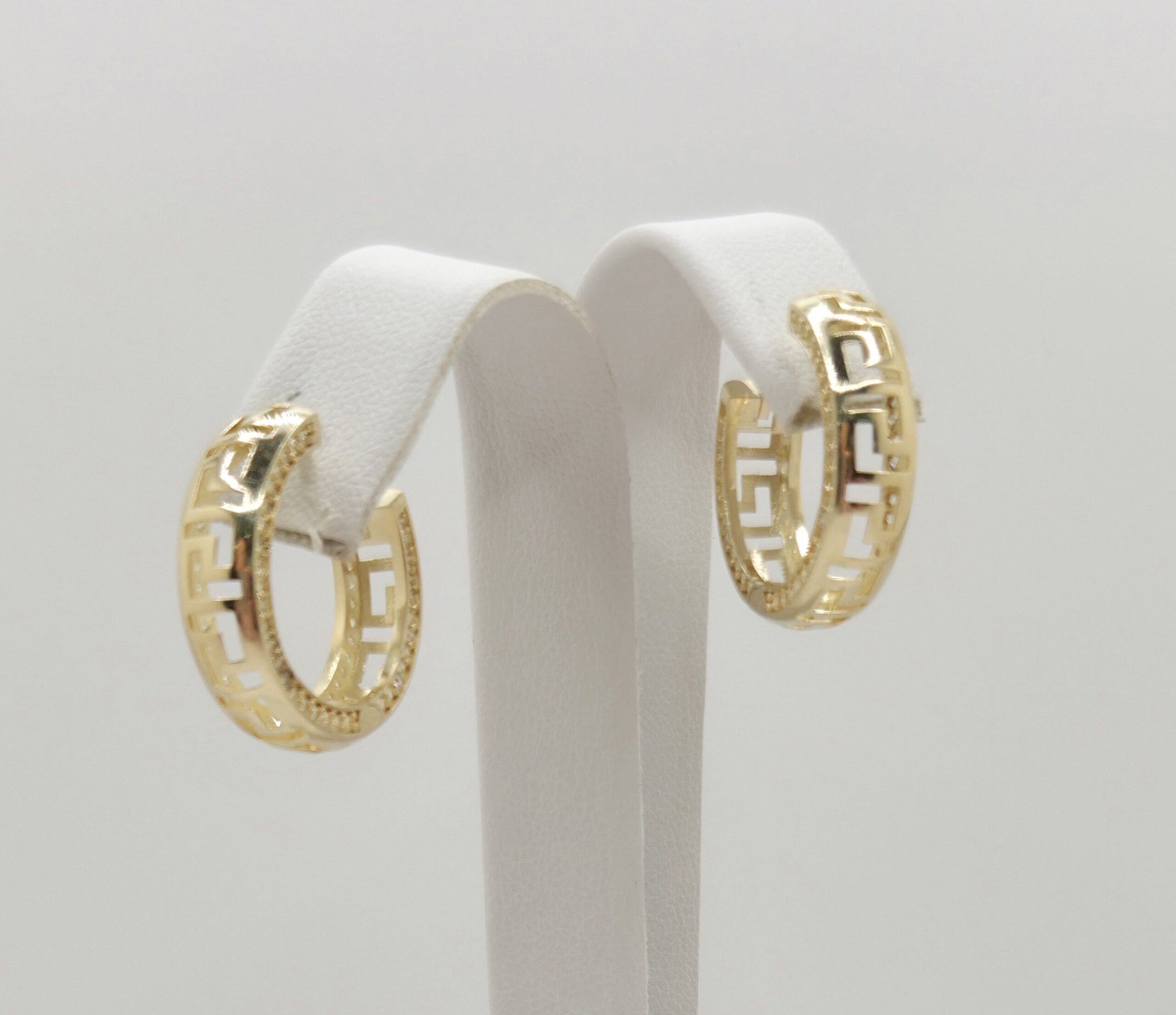 10K TIMELESS GREEK DESING HOOPS EARRINGS CZ – MEDIUM – JY Jewelry Wholesale