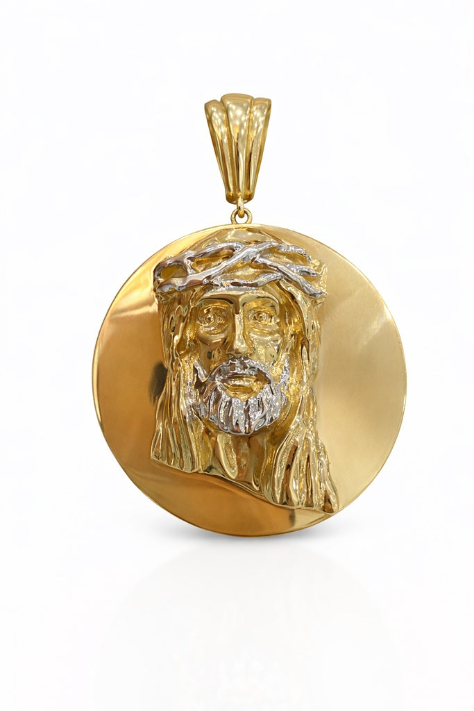 14K TWO TONE DETAILS JESUS FACE ROUND PENDANT – LARGE – JY Jewelry Wholesale