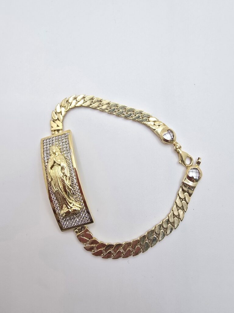 10K FLAT CURB LINK BRACELET WITH VIRGIN MARY – 7" 5.5MM – JY Jewelry Wholesale