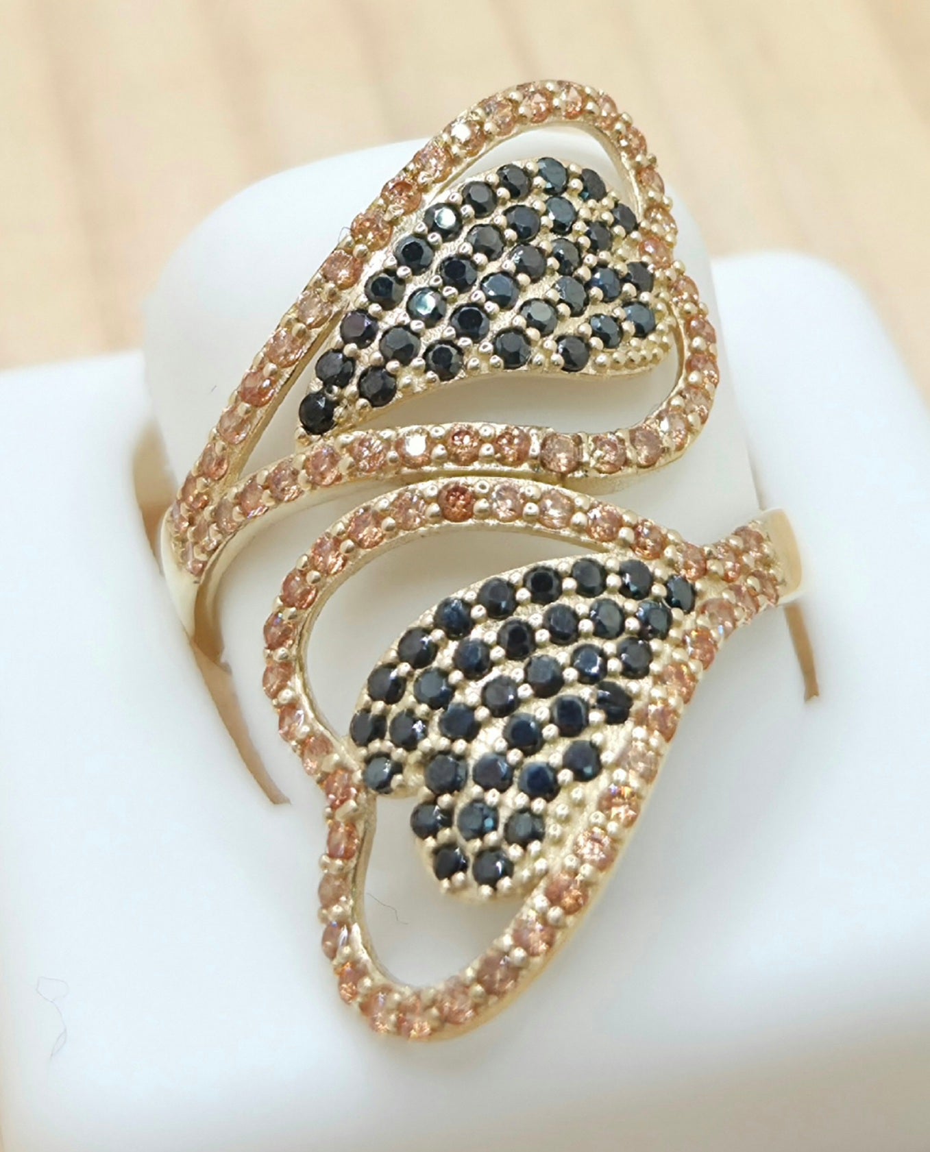 14K BROWN AND BLACK CZ ASYMETRIC RING – 7 & 8 – JY Jewelry Wholesale