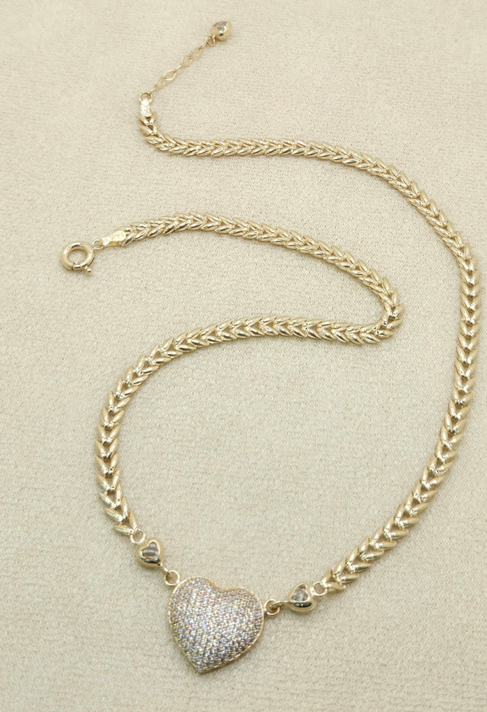 14K CZ HEART LEAVES LINK NECKLACE – 18" – JY Jewelry Wholesale