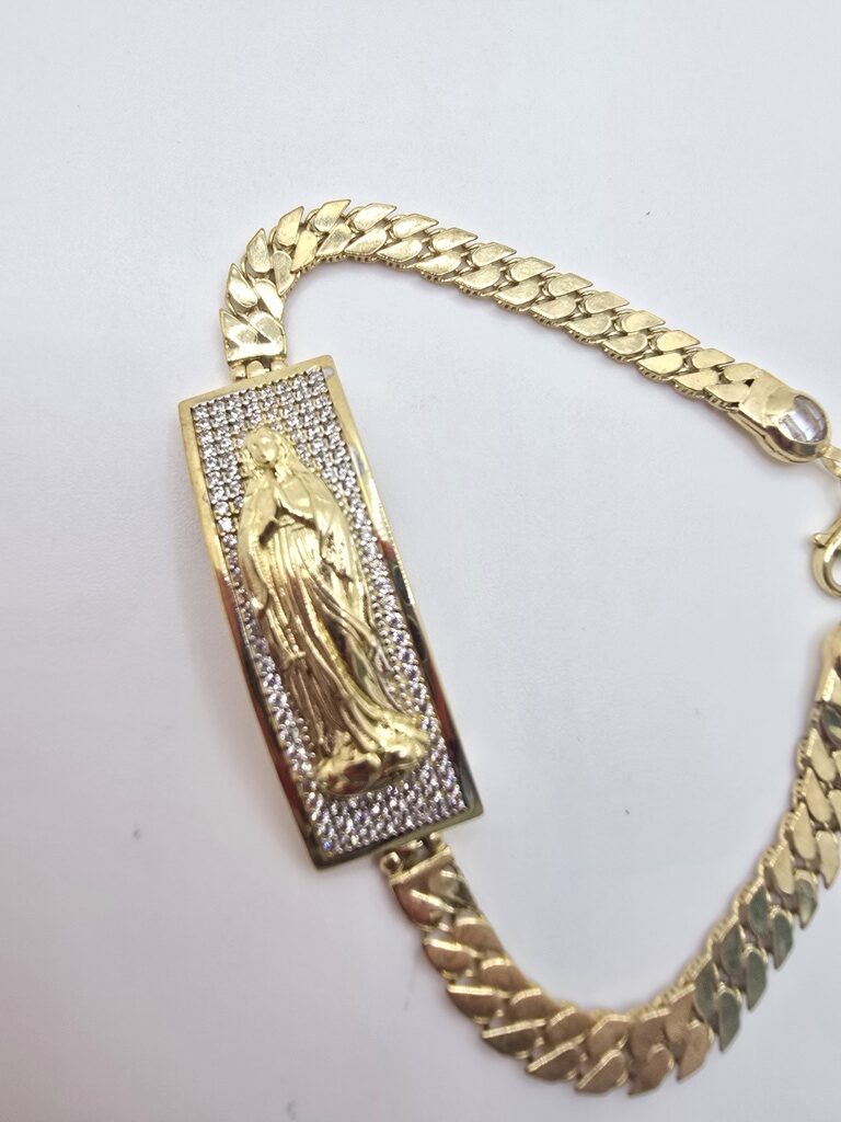 10K FLAT CURB LINK BRACELET WITH VIRGIN MARY – 7" 5.5MM – JY Jewelry Wholesale