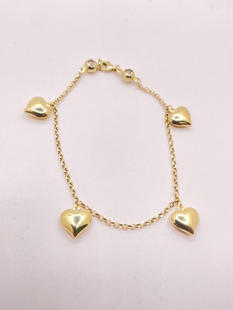 14K ROLO BRACELET WITH HEARTS PENDANTS – 7" – JY Jewelry Wholesale