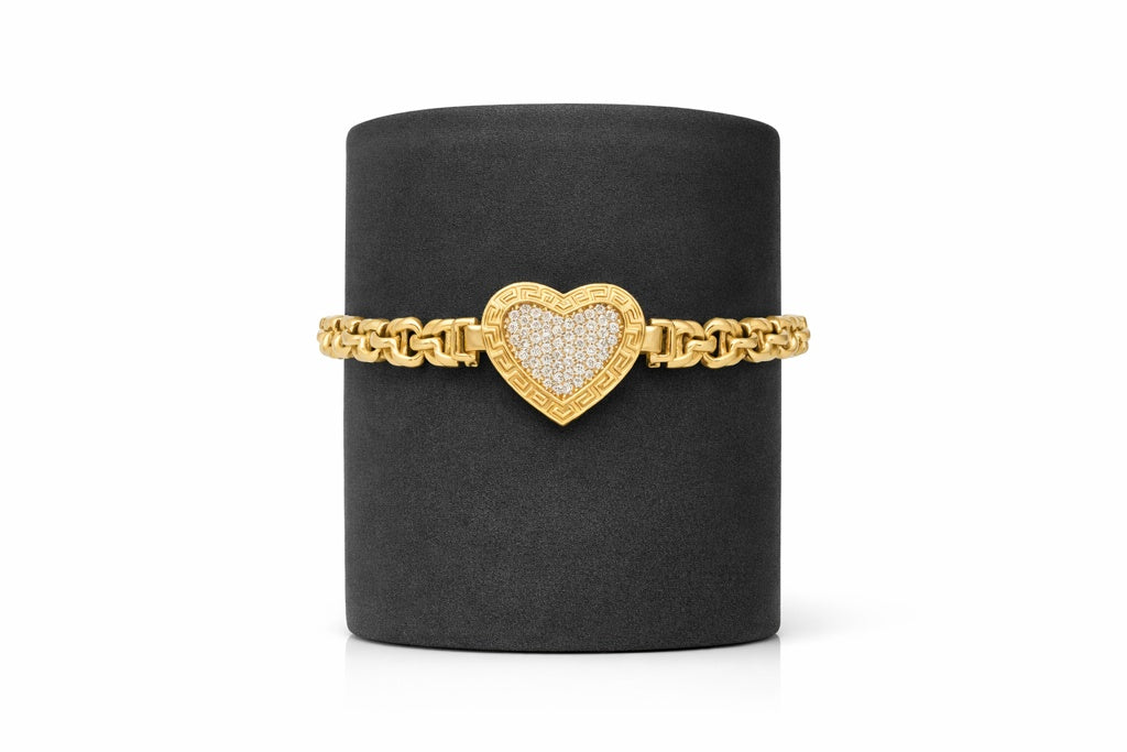 10K CHINO LINK STYLE GREEK FRAME SMALL HEART BRACELET – 7.5" 5MM – JY Jewelry Wholesale