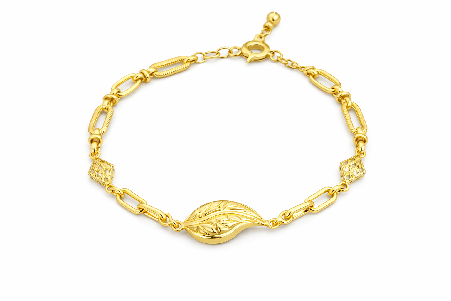 14K DELICATE BRACELET WITH LEAF AND RHOMBUS – 8" – JY Jewelry Wholesale