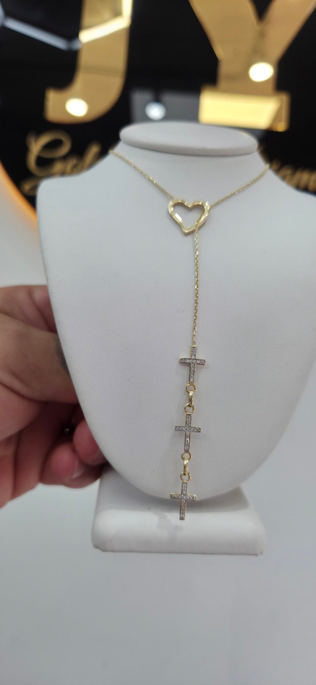 14K DELICATE HEART AND CROSS CZ DETAIL CHAIN – 24" – JY Jewelry Wholesale