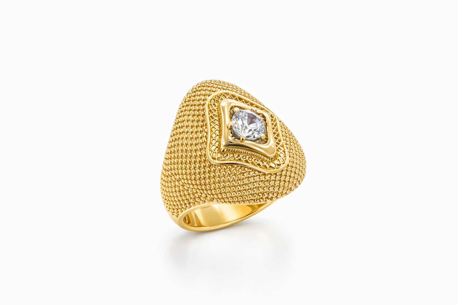 14K RING WITH A TRIANGULAR DETAIL AND A LARGE CZ ON TOP OF A MESH – 7.5 & 8 – JY Jewelry Wholesale