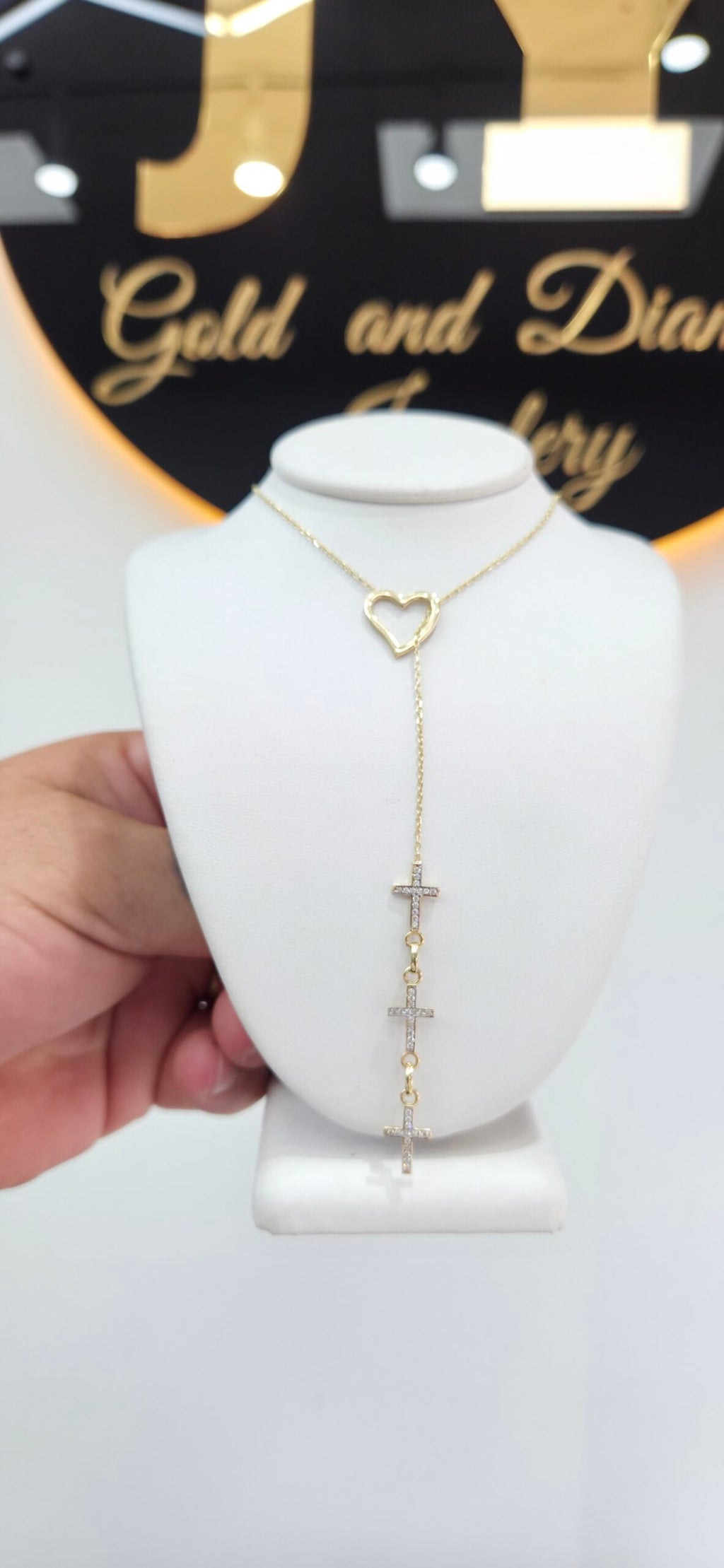 14K DELICATE HEART AND CROSS CZ DETAIL CHAIN – 24" – JY Jewelry Wholesale