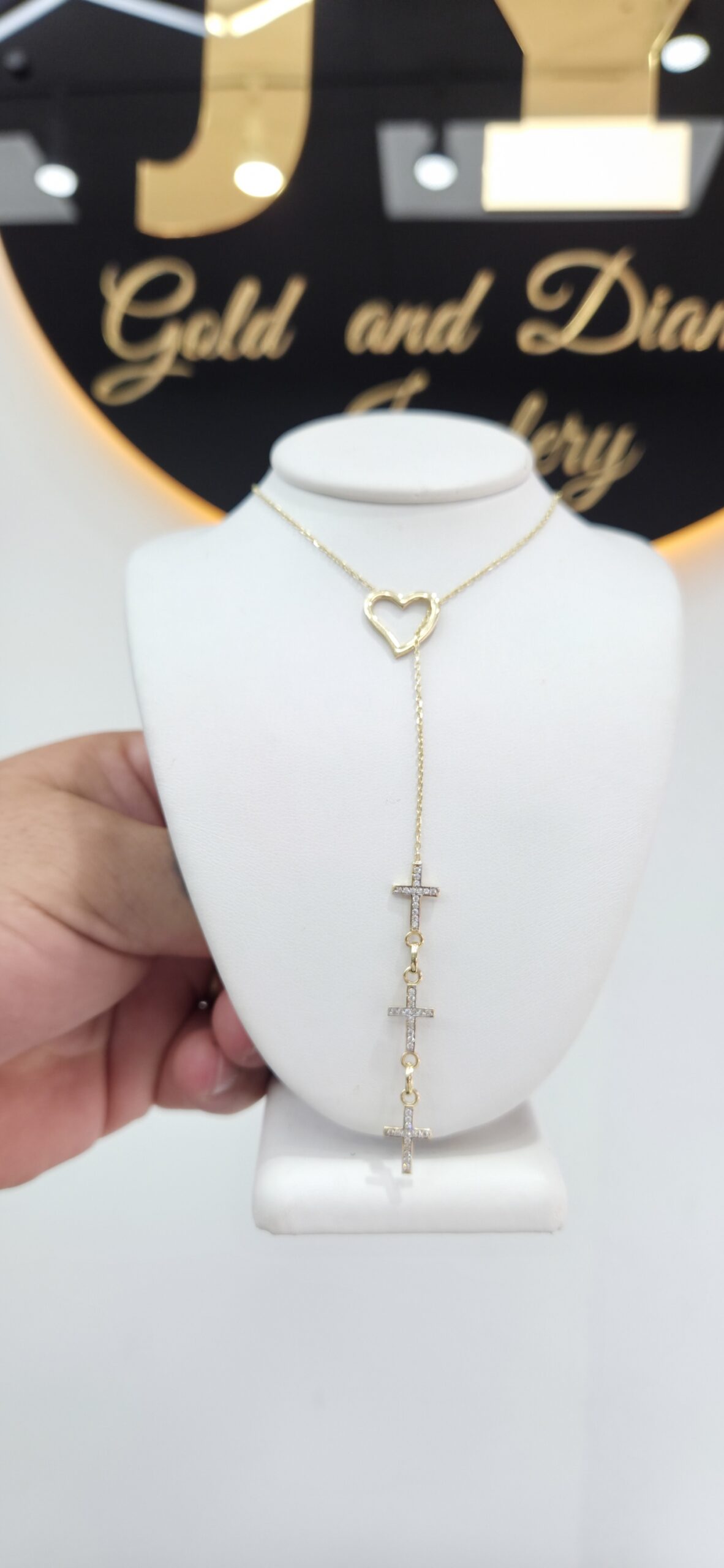14K DELICATE HEART AND CROSS CZ DETAIL CHAIN – 24" – JY Jewelry Wholesale