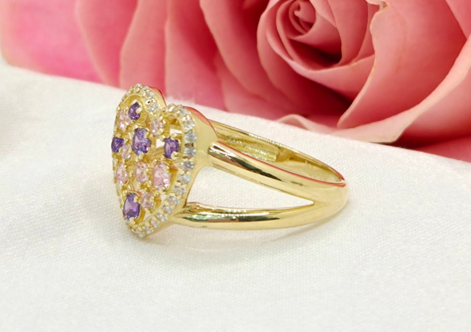 10K PURPLE AND PINK STONES HEART RING CZ – 8 – JY Jewelry Wholesale