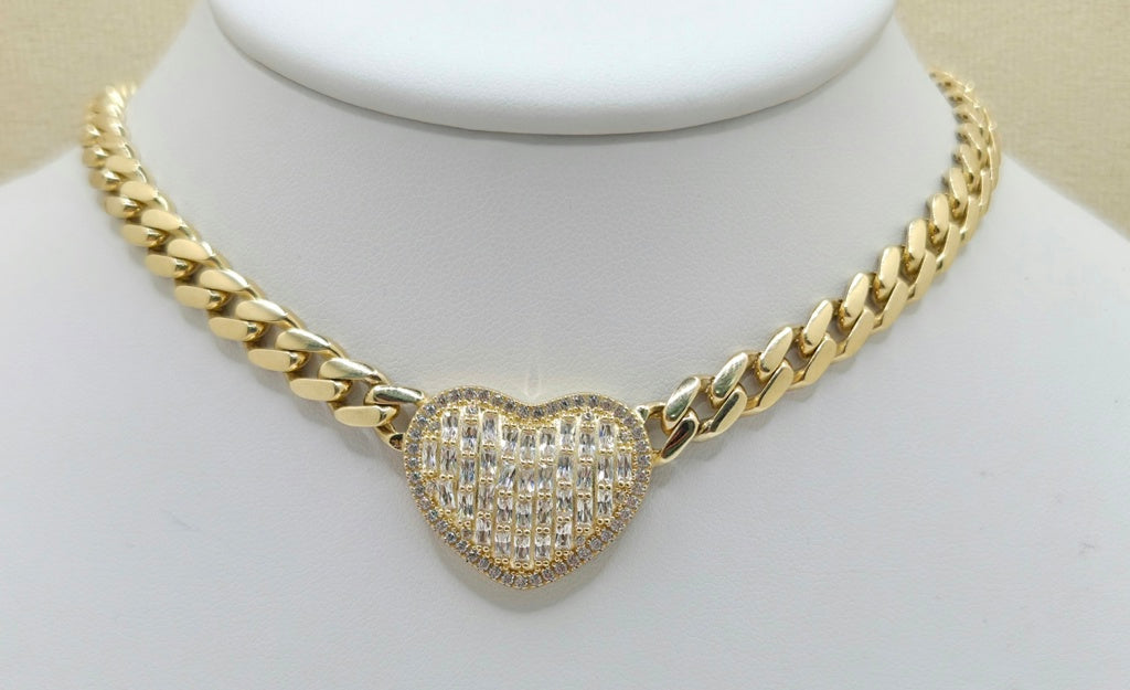 10K CUBAN LINK BAGUETTE HEART NECKLACE – 16" 6.5GR – JY Jewelry Wholesale