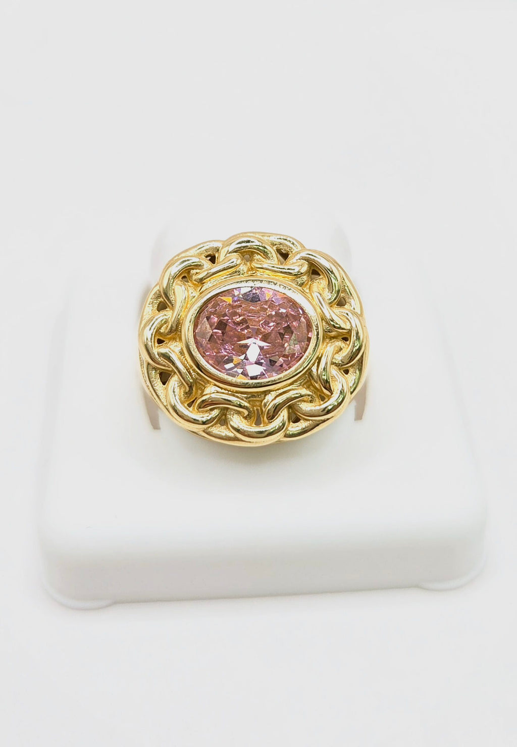 14K ELEGANT CHINO LINK FRAME PINK STONE RING – 8 – JY Jewelry Wholesale