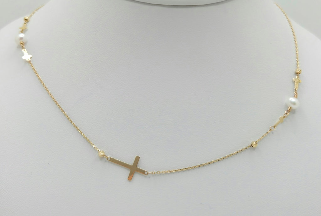 14K DELICATE WHITE PEARL AND CROSS CHAIN 18" 1MM – JY Jewelry Wholesale