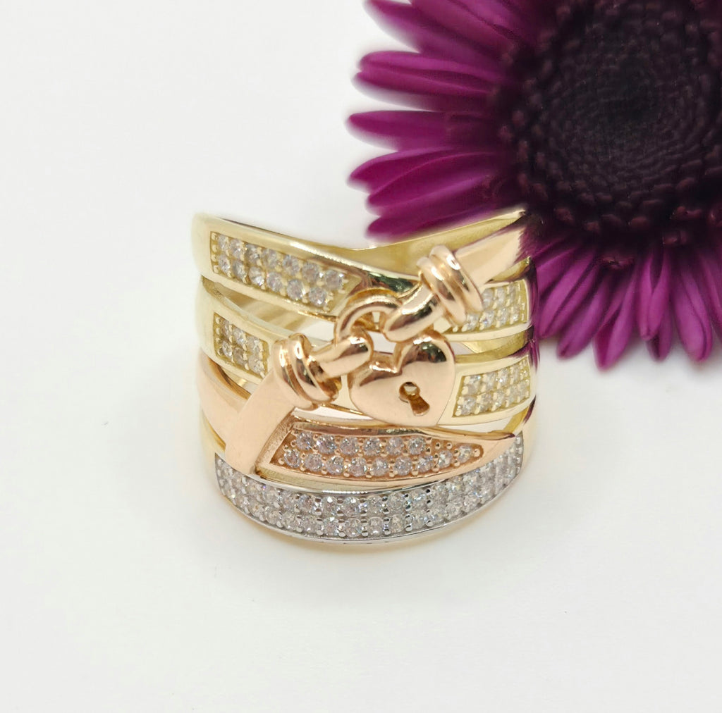 14K MODERN THREE TONE HEART BELT BUCKLE RING – 6.5 & 7 – JY Jewelry Wholesale