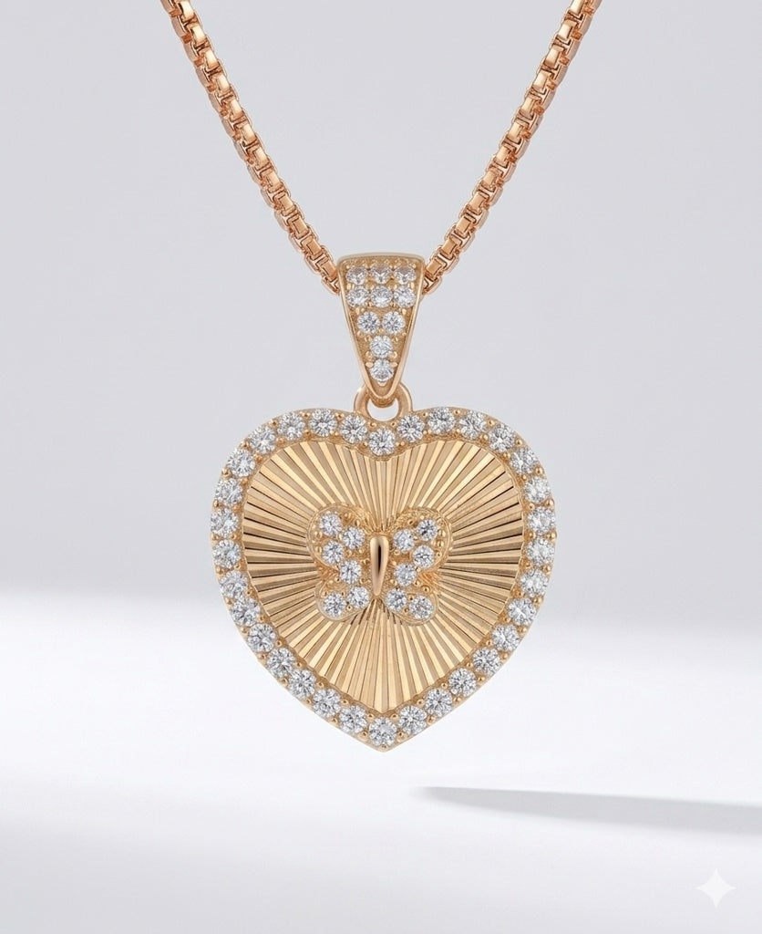 10K SMALL BUTTERFLY INSIDE CZ FRAME DIAMOND CUT BACKGROUND HEART PENDANT – M – JY Jewelry Wholesale