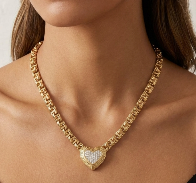 14K CZ SMALL HEART CHINO LINK NECKLACE WITH GREEK DETAILS – 18" 5MM – JY Jewelry Wholesale
