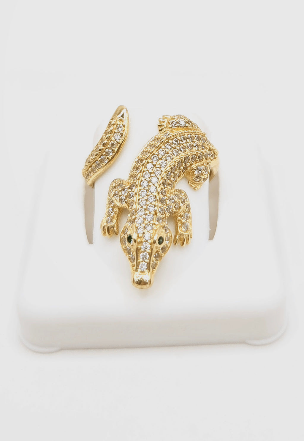 14K EXOTIC CROCODILE RING FILLED WITH CZ AND GREEN EYES – 8 & 9 – JY Jewelry Wholesale