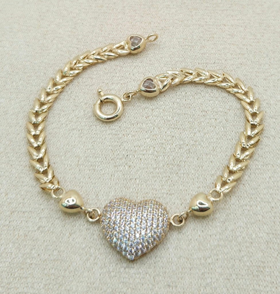 14K CZ HEART LEAVES LINK BRACELET – 7" – JY Jewelry Wholesale