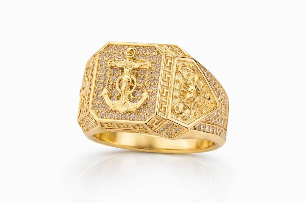 14K CZ BACKGROUND ANCHOR RING WITH GREEK FRAME – 12 – JY Jewelry Wholesale