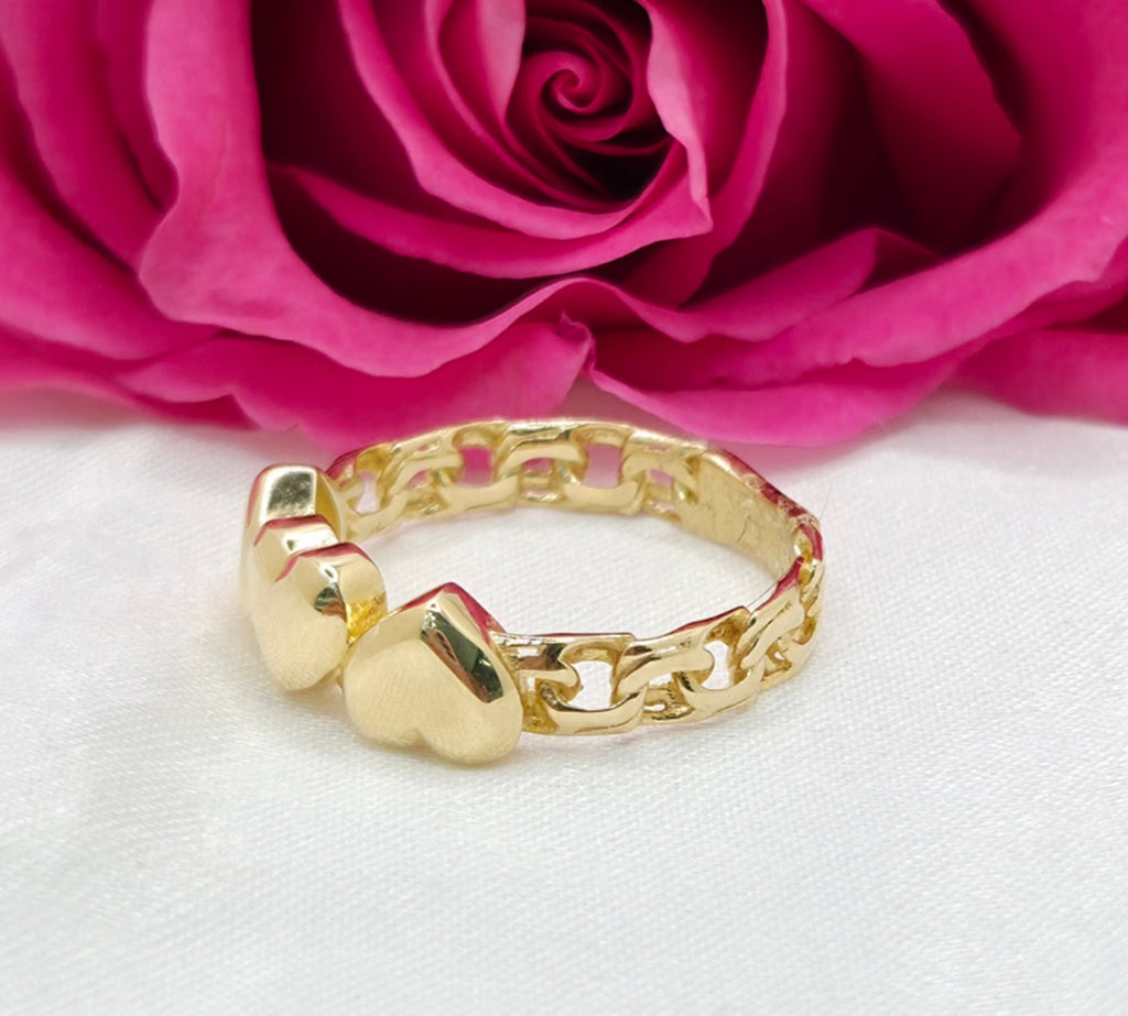 10K DELICATE CHINO LINK STYLE WITH TRHEE HEARTS RING – 7 – JY Jewelry Wholesale
