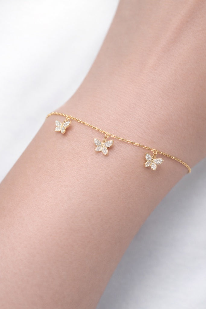14K YELLOW GOLD NATURAL DIAMOND 1.13CT 3 BUTTERFLYS BRACELET 18" 6.32GRS – JY Jewelry Wholesale