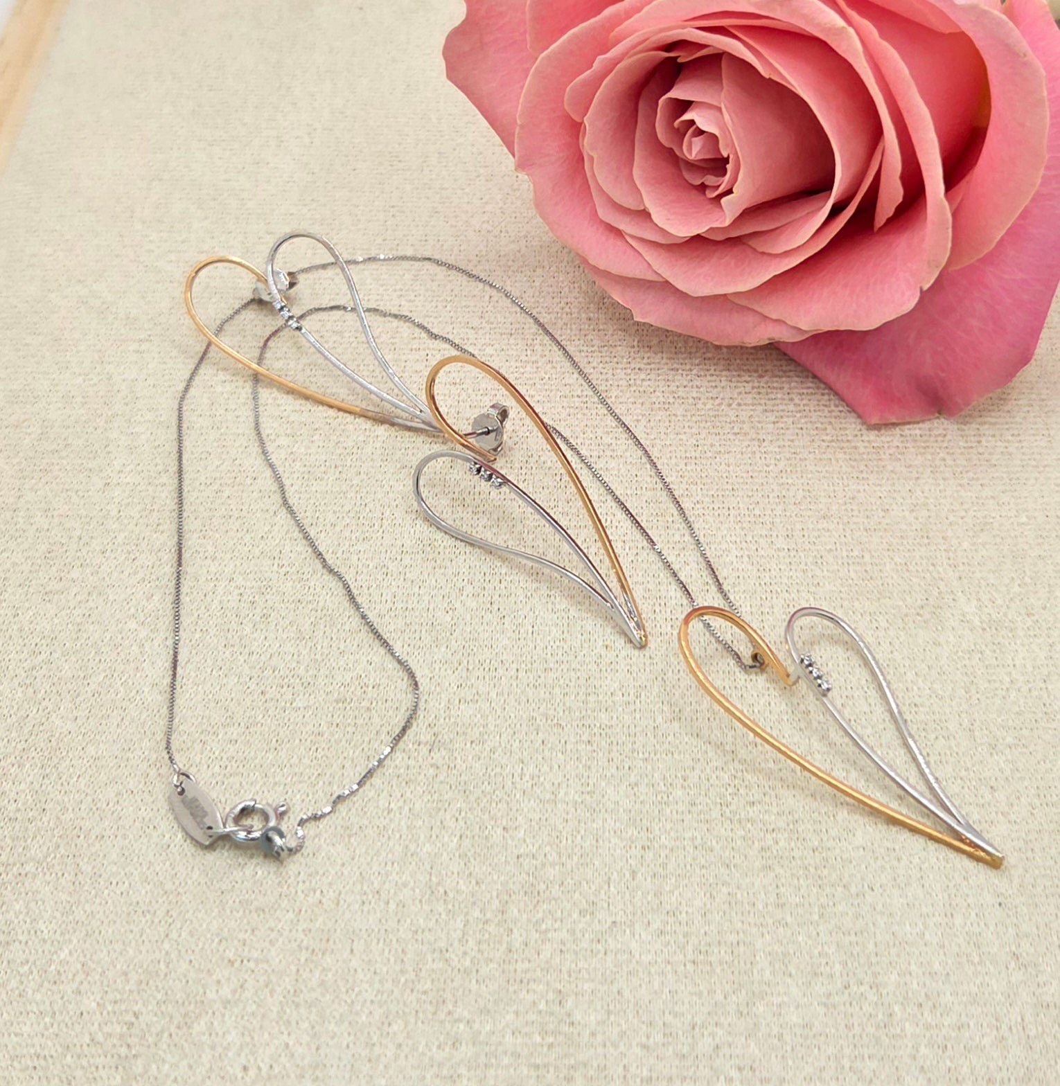 18K TWO TONE DIAMOND HEART SET CHAIN AND EARRINGS – 18" – JY Jewelry Wholesale