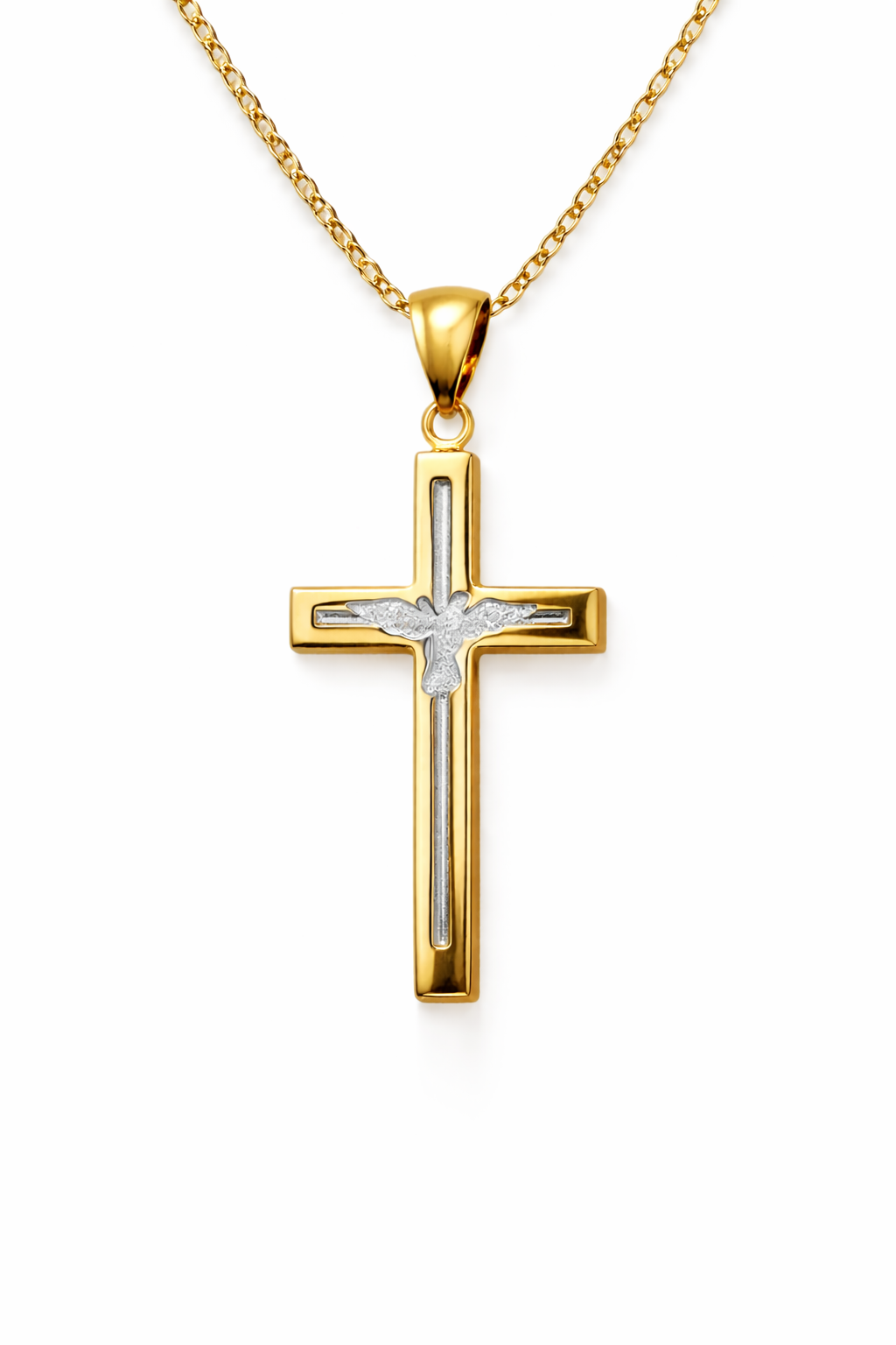 14K YELLOW GOLD CROSS PENDANT WITH WHITE GOLD DOVE DESIGN INSIDE – JY Jewelry Wholesale
