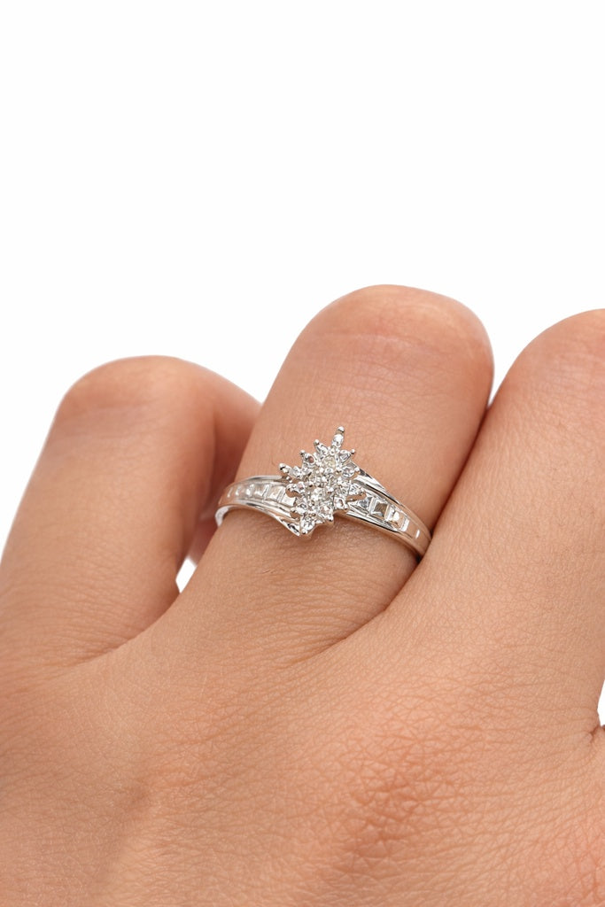 10K WHITE GOLD ALMOND DIAMOND ELEGANT RING – 7 – JY Jewelry Wholesale