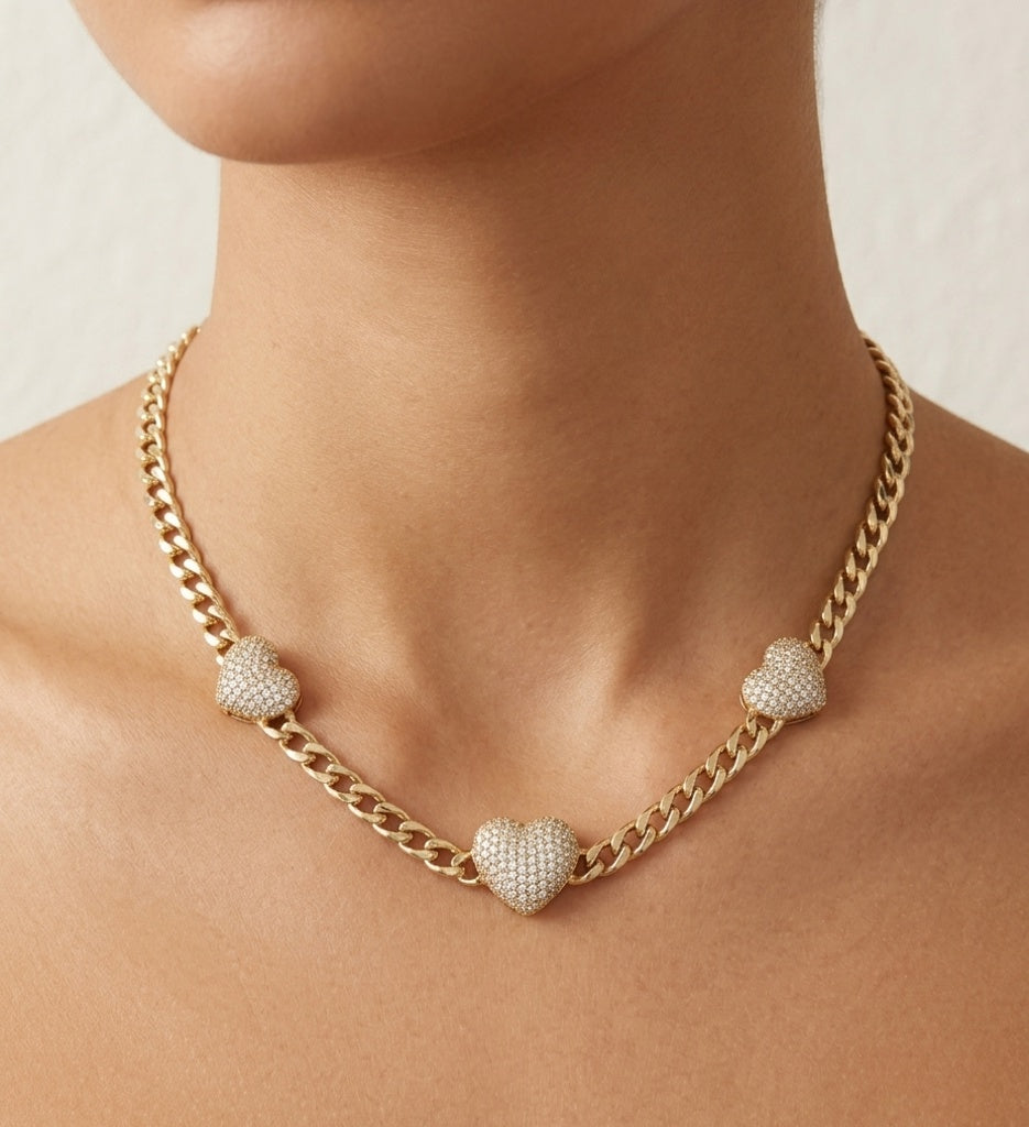 10K ELEGANT CZ TRHEE MEDIUM HEARTS MONACO STYLE NECKLACE – 18" 5MM – JY Jewelry Wholesale