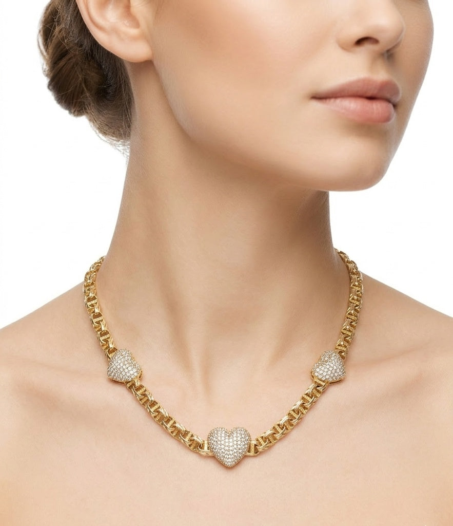 10K TRHEE MEDIUM CZ HEARTS CHINO LINK NECKLACE – 18" 5MM – JY Jewelry Wholesale
