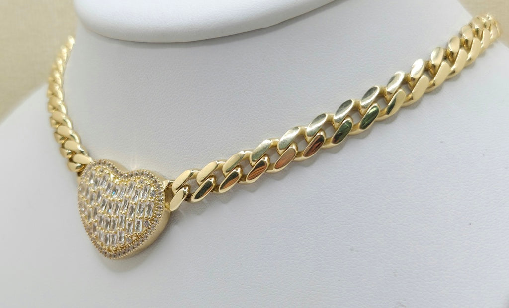 10K CUBAN LINK BAGUETTE HEART NECKLACE – 16" 6.5GR – JY Jewelry Wholesale